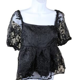 Francesca’s Black Lace Puff Sleeve Square Neck Top M